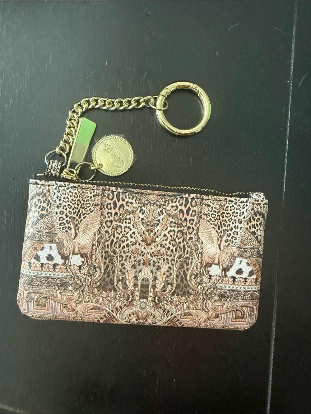 Camilla Gold-Tone Chain Keyring Card Pouch with Leopard Motif